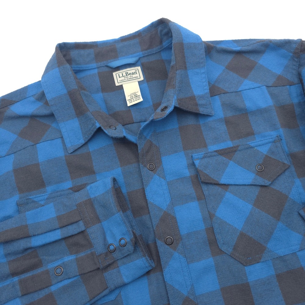 LL Bean Mens XXL Regular Katahdin Blue Gray Buffalo Plaid Snap Flannel Shirt